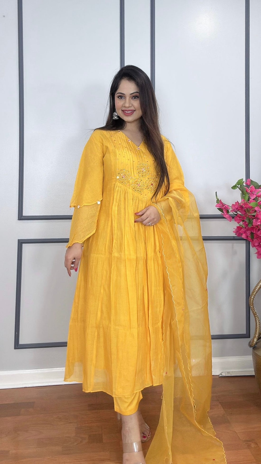 Elegant Mulmul Chanderi Silk A-line Suit
