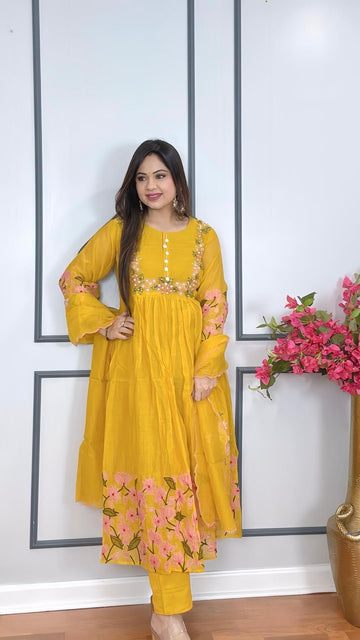 Elegant Hand-Embroidered Mulmul Chanderi Anarkali Set