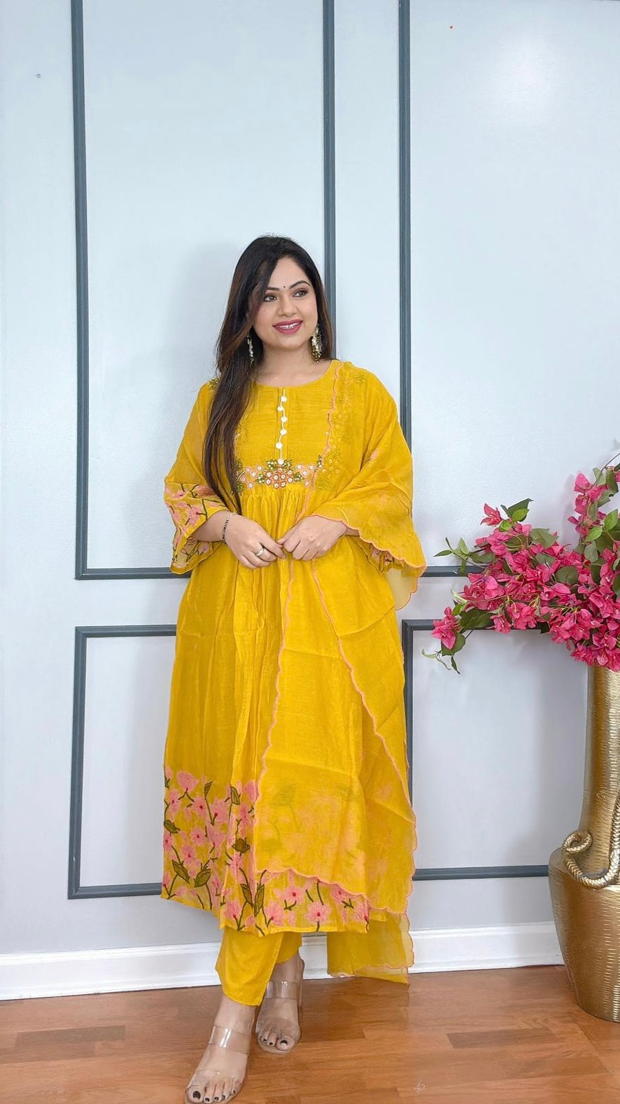 Elegant Hand-Embroidered Mulmul Chanderi Anarkali Set