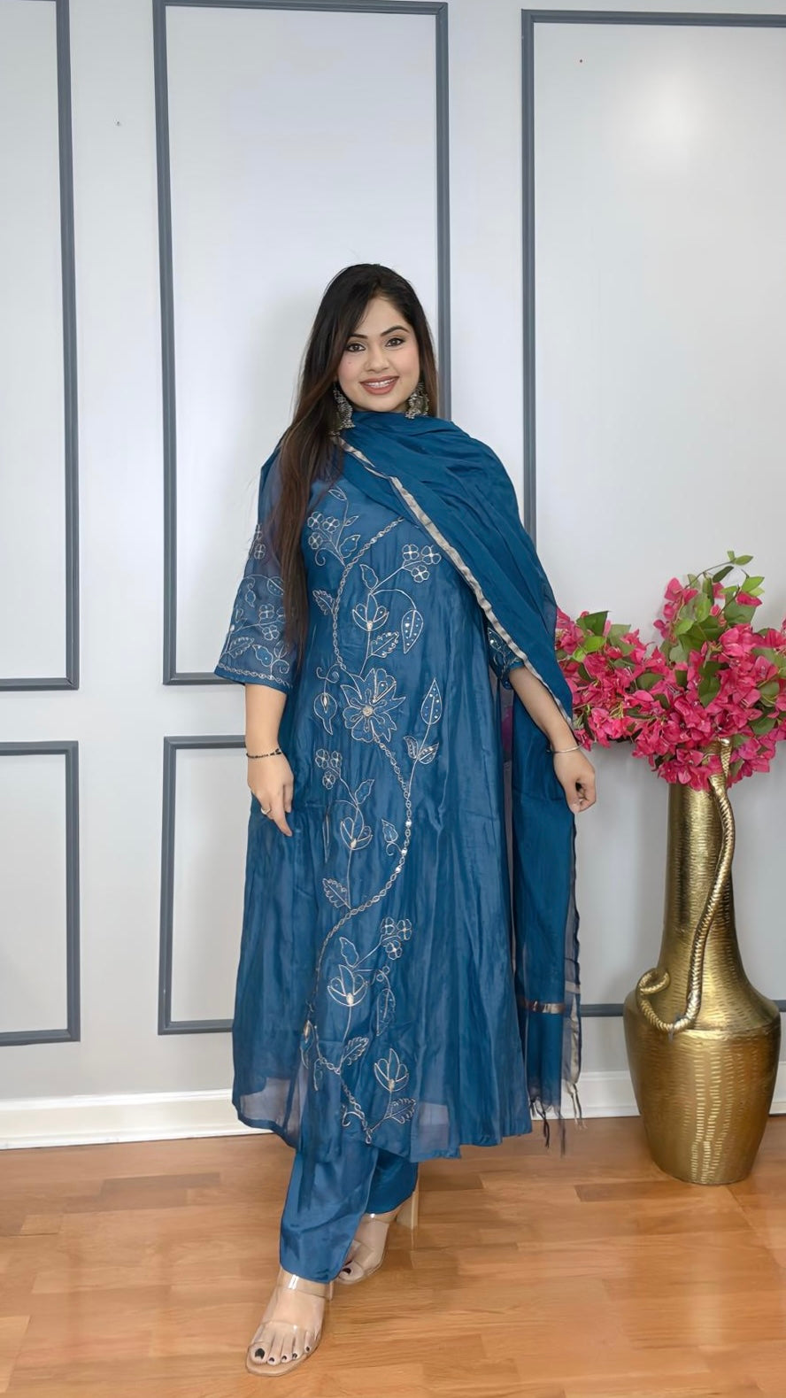 Classic Zari Chanderi Anarkali Ensemble