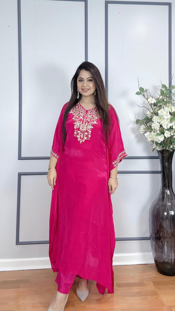 Hand-Embroidered Crepe Silk Kaftan Set