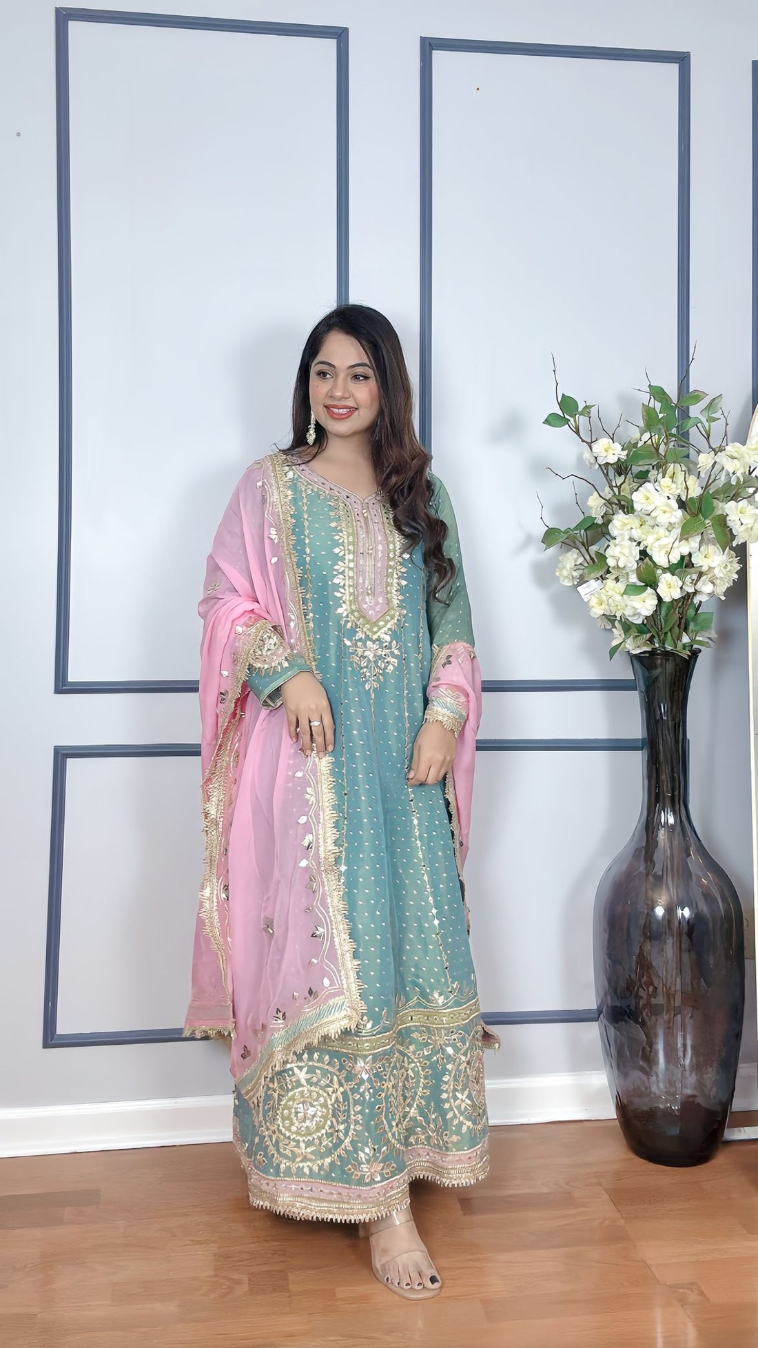 Shimmering Tissue Anarkali Gown with Contrast Dupatta