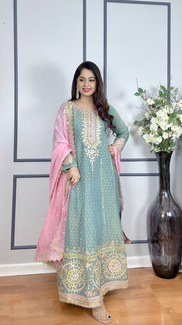 Shimmering Tissue Anarkali Gown with Contrast Dupatta