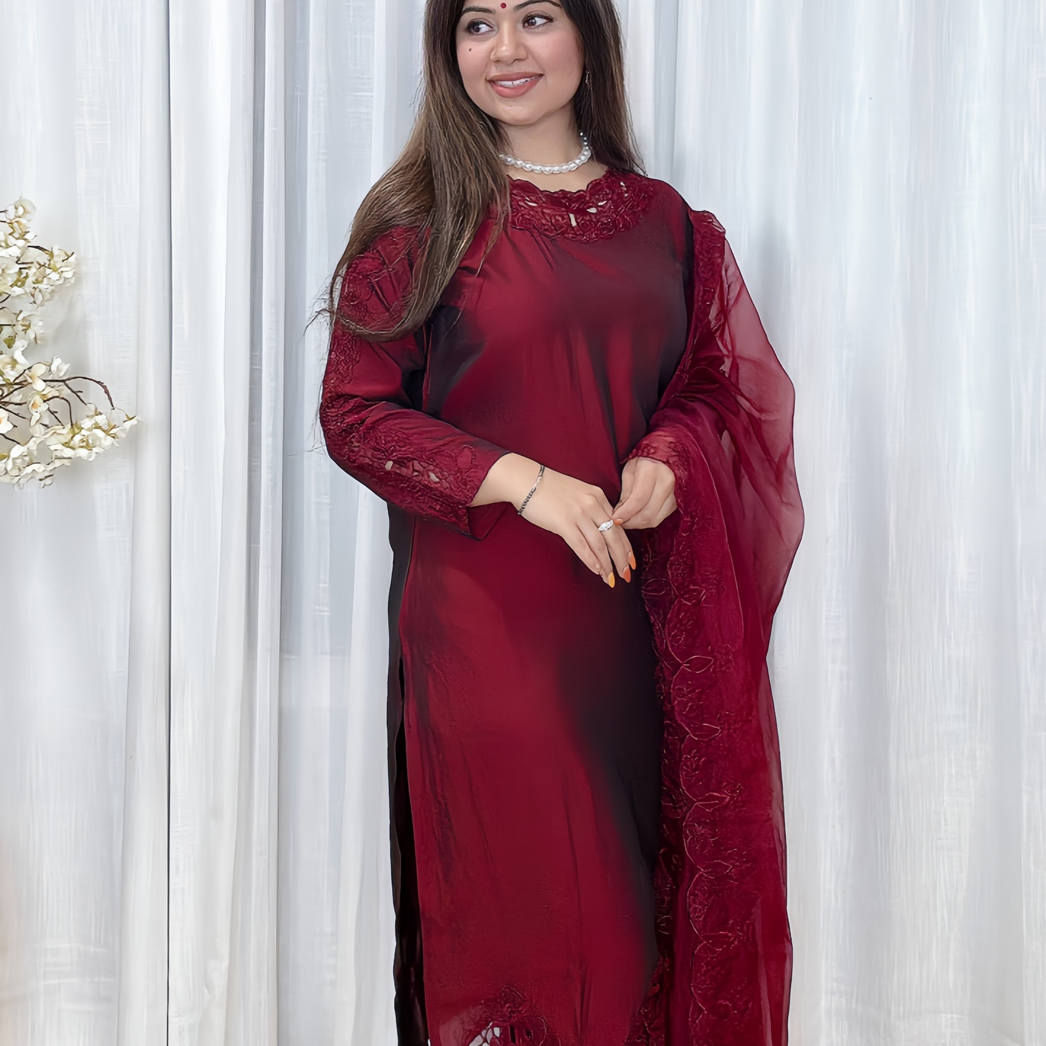 Elysian Glow Laser Cut Muslin Silk Suit