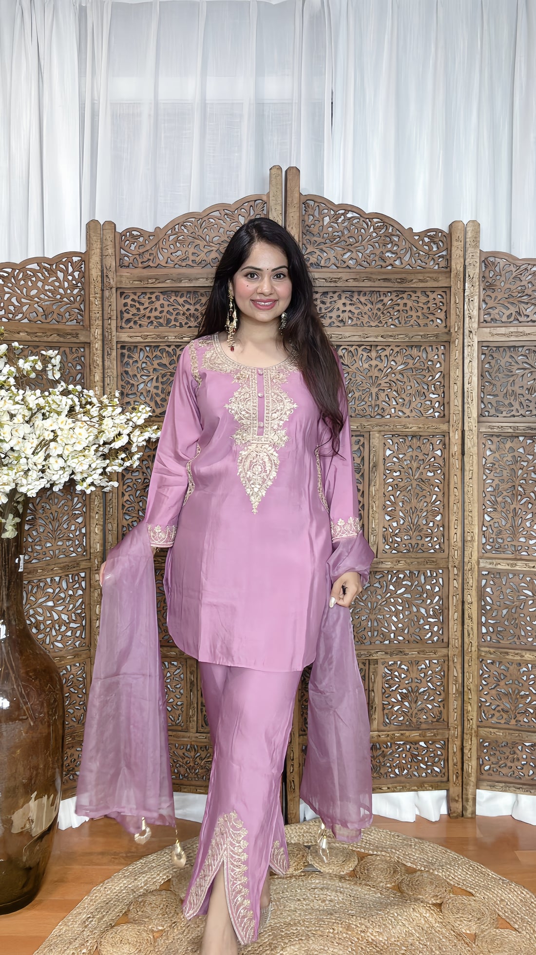 Muslin Silk Embroidered Suit with Pockets