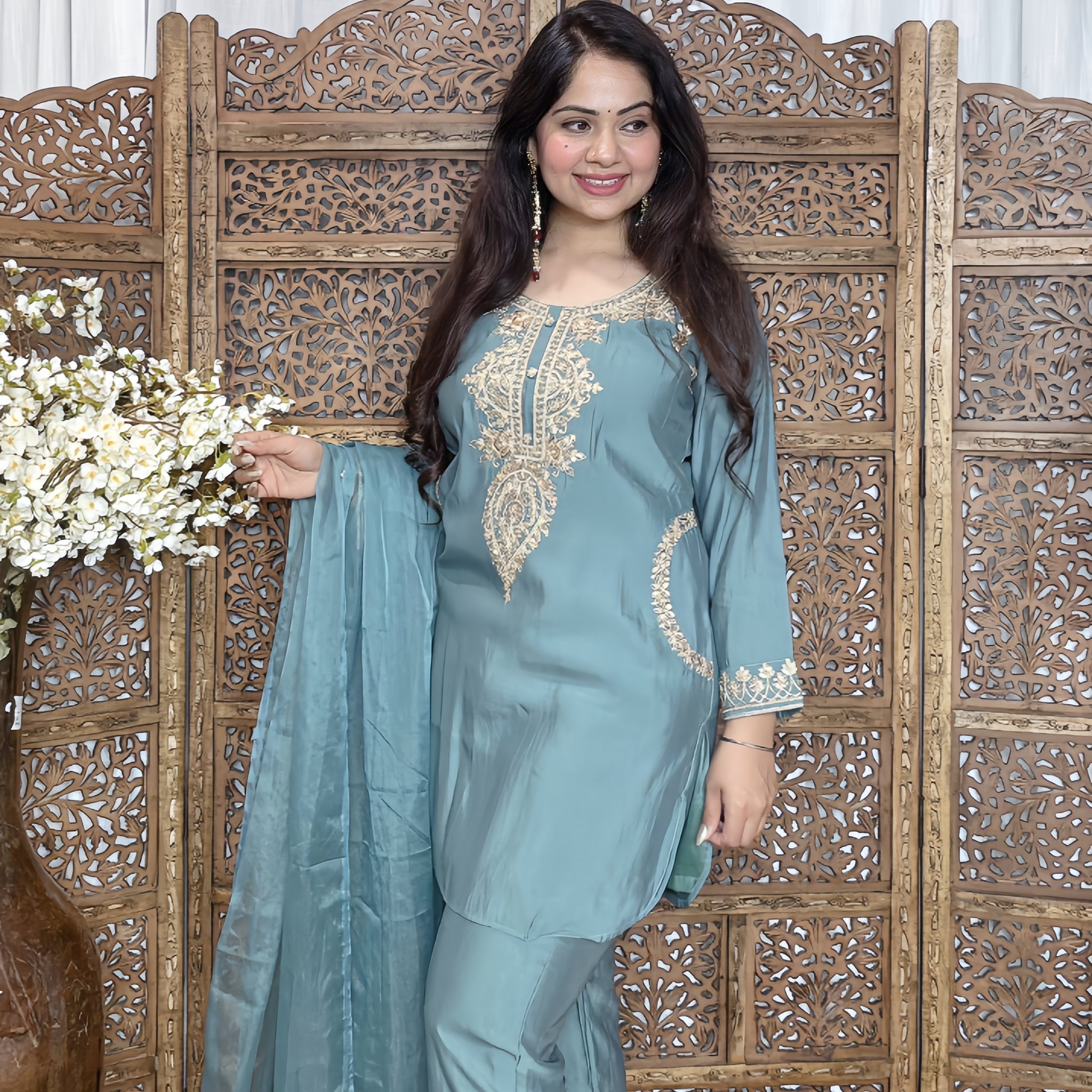 Muslin Silk Embroidered Suit with Pockets