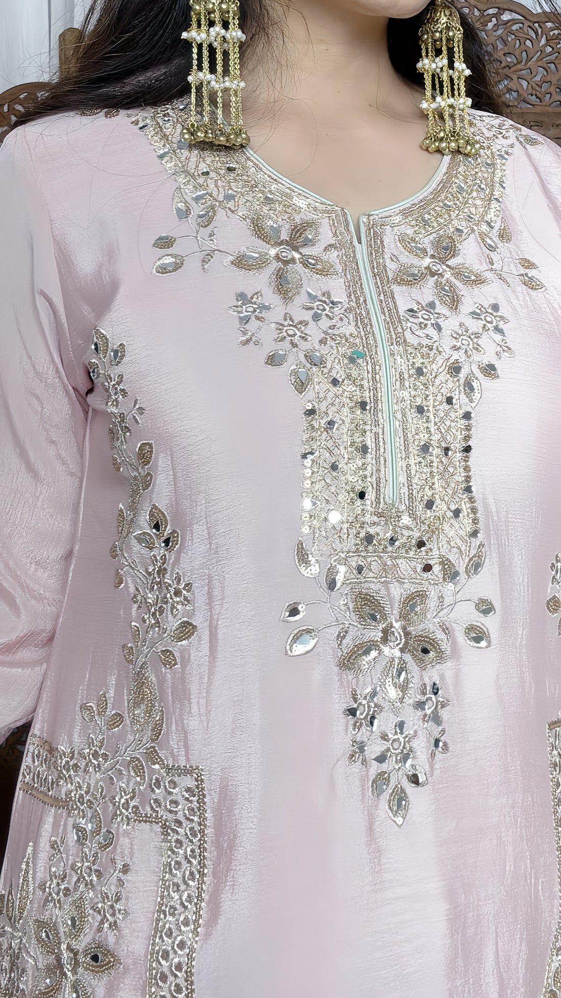 Chinon Silk Suit with Zari & Sequins Embroidery