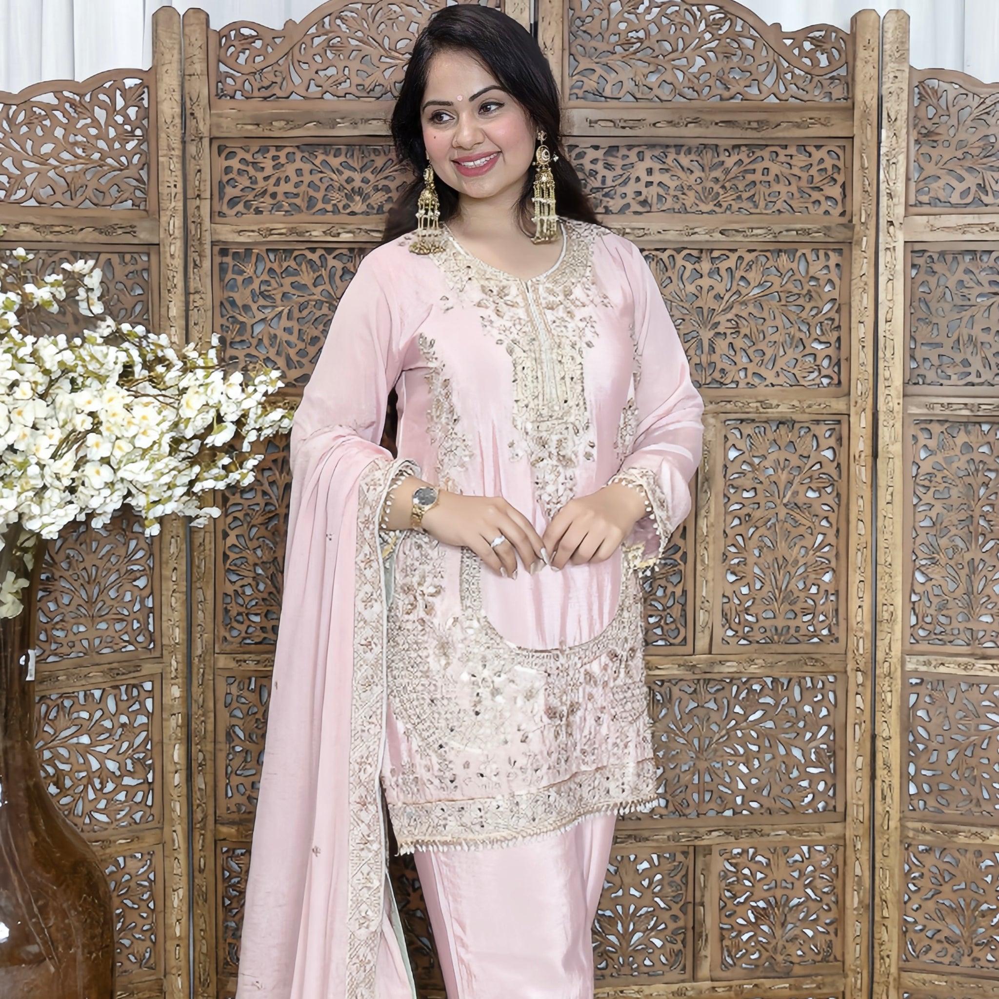 Chinon Silk Suit with Zari & Sequins Embroidery