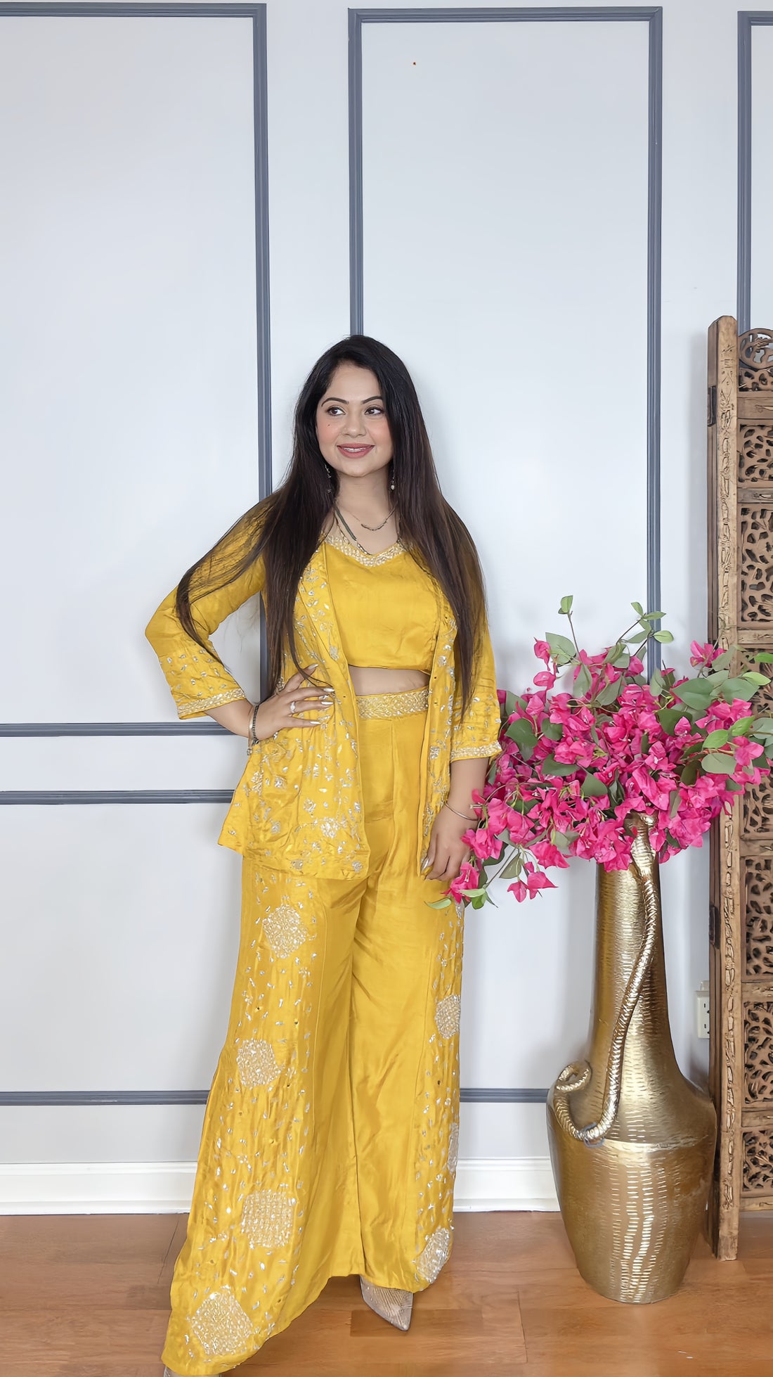 Indo-Western Trio Set – Crop Top, Palazzo & Shrug
