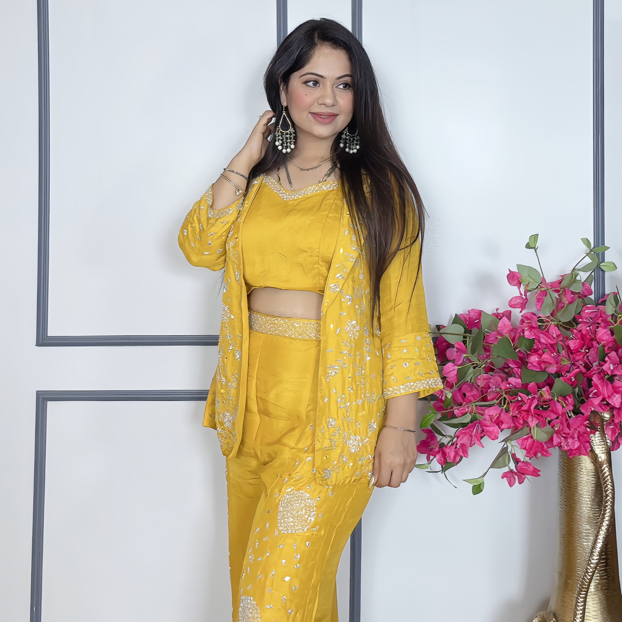 Indo-Western Trio Set – Crop Top, Palazzo & Shrug