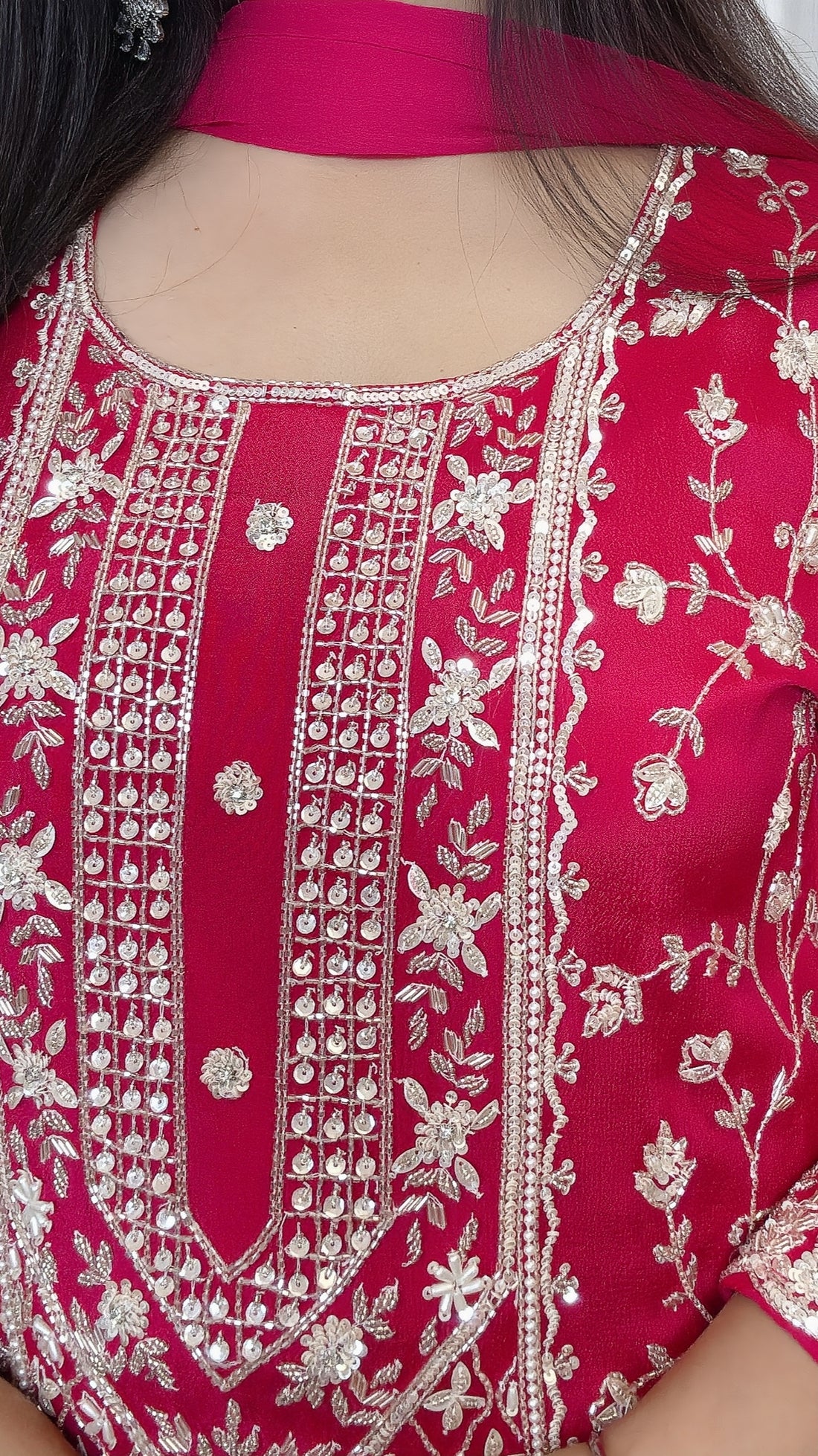 Chinon Silk Hand Embroidered Suit – Palazzo & Chiffon Dupatta