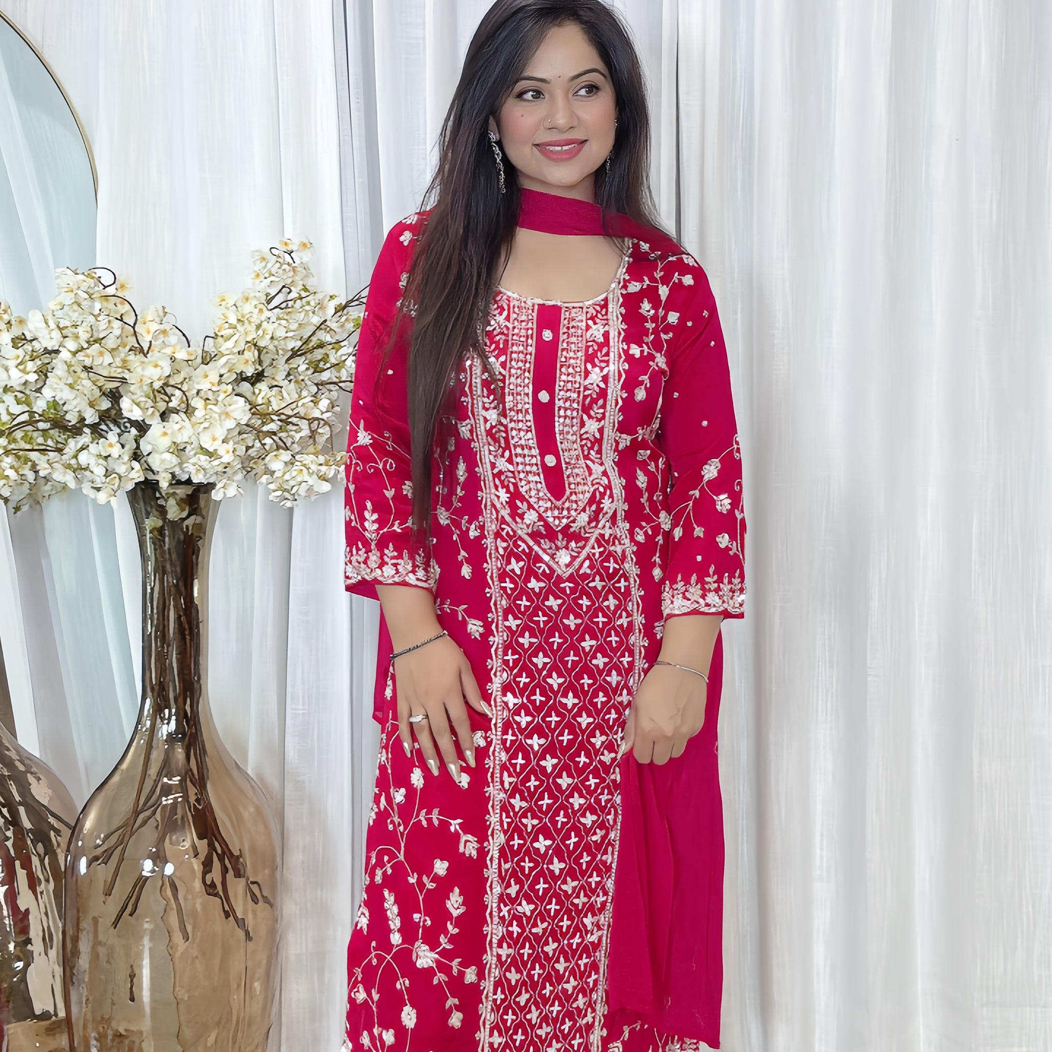 Chinon Silk Hand Embroidered Suit – Palazzo & Chiffon Dupatta