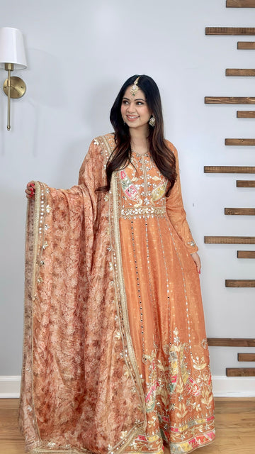 Hand-Embroidered Formal Tissue Silk Anarkali Gown with Dupatta