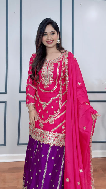 Zari Embroidered Chinon Silk Sharara Suit