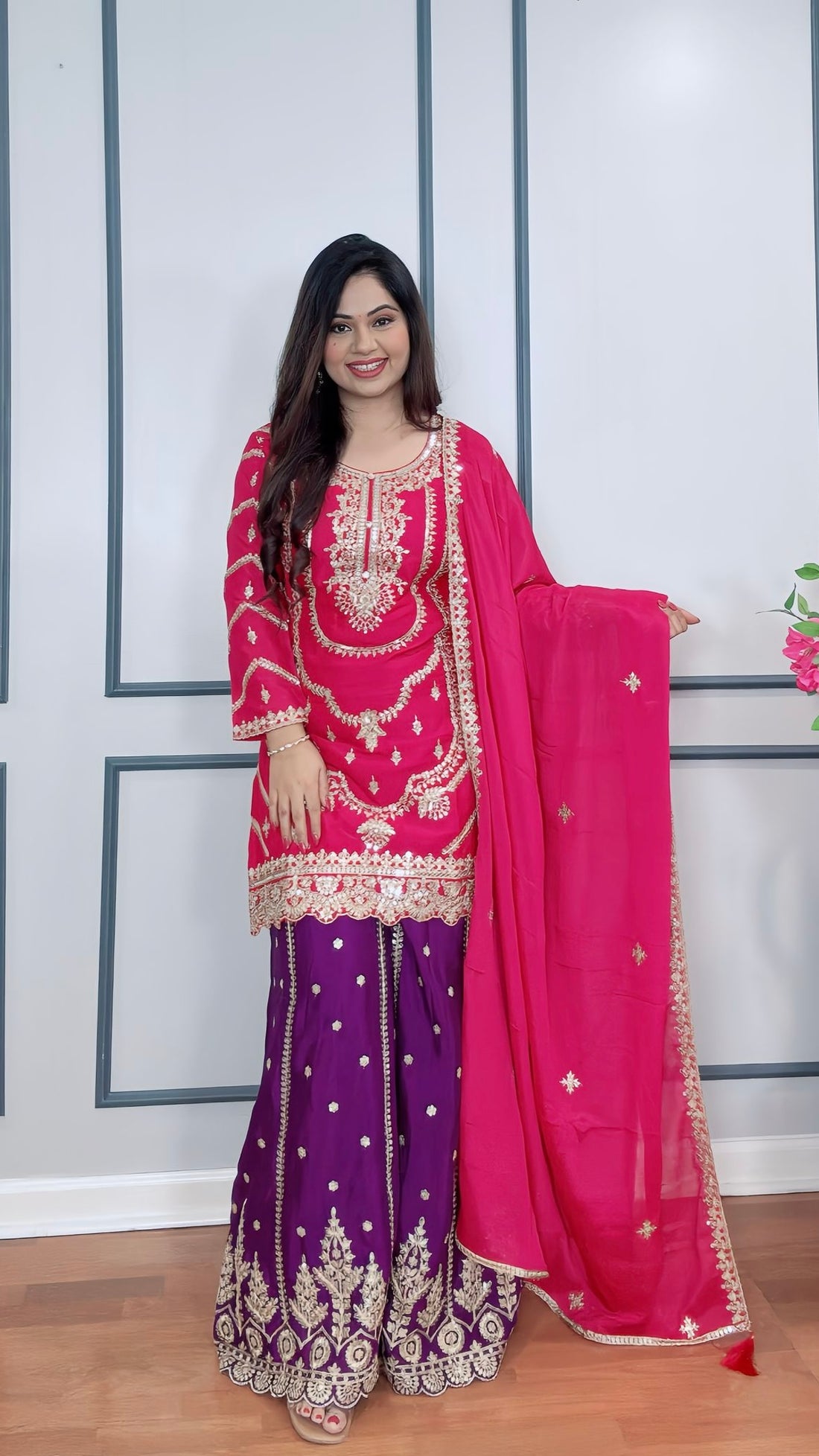 Zari Embroidered Chinon Silk Sharara Suit